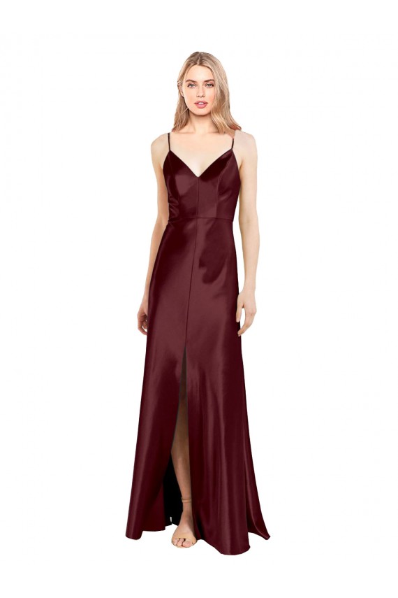 V-Neck Long Stretch Satin Burgundy Gold Sleeveless Bridesmaid Dress / Evening Dress Victoria