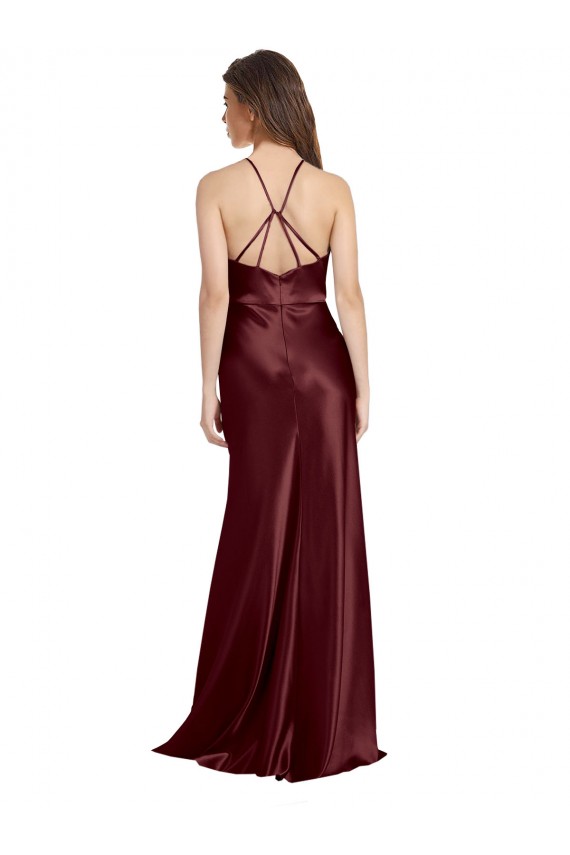 V-Neck Long Stretch Satin Burgundy Gold Sleeveless Formal Evening Gown / Prom Dress / Bridesmaid Dress Victoria