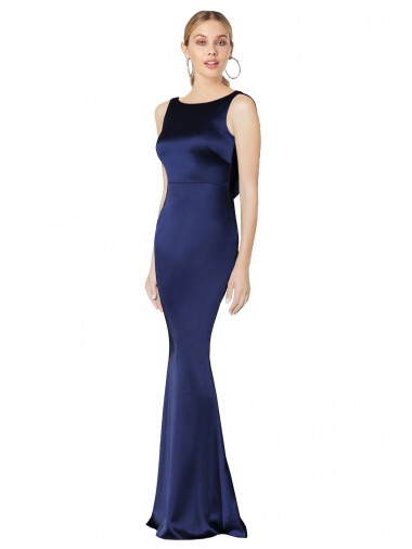 High Neck Long Stretch Satin Dark Navy Sleeveless Formal Evening Gown / Prom Dress / Bridesmaid Dress Victoria