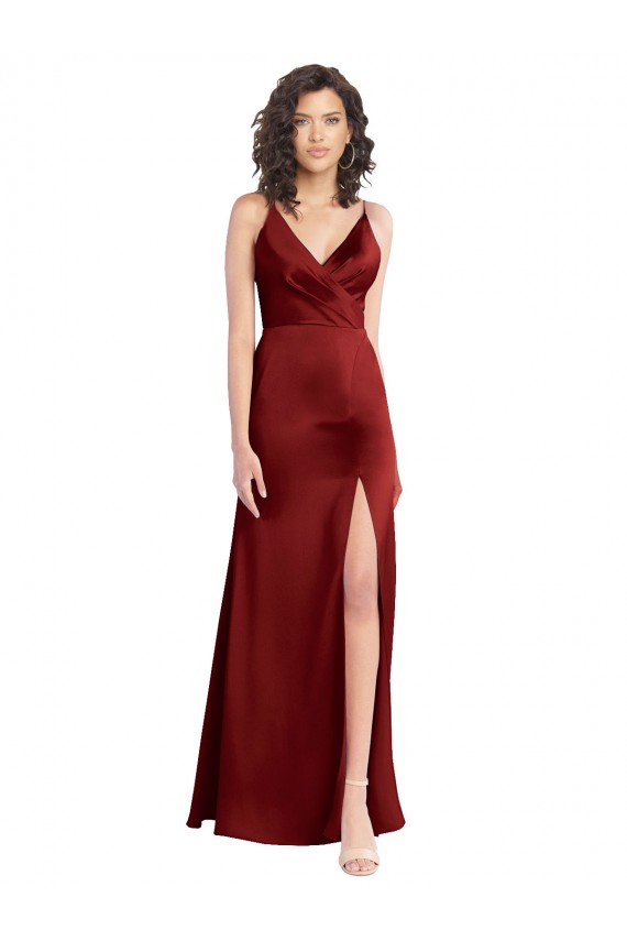 V-Neck Long Stretch Satin Burgundy Sleeveless Formal Dress / Bridesmaid Dress Victoria