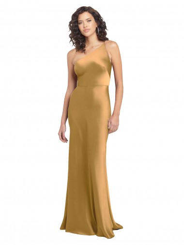 One Shoulder Long Stretch Satin Gold Sleeveless Formal Evening Gown / Prom Dress / Bridesmaid Dress Victoria
