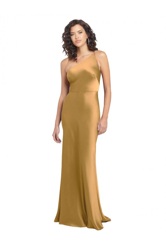 One Shoulder Long Stretch Satin Gold Sleeveless Formal Evening Gown / Prom Dress / Bridesmaid Dress Victoria
