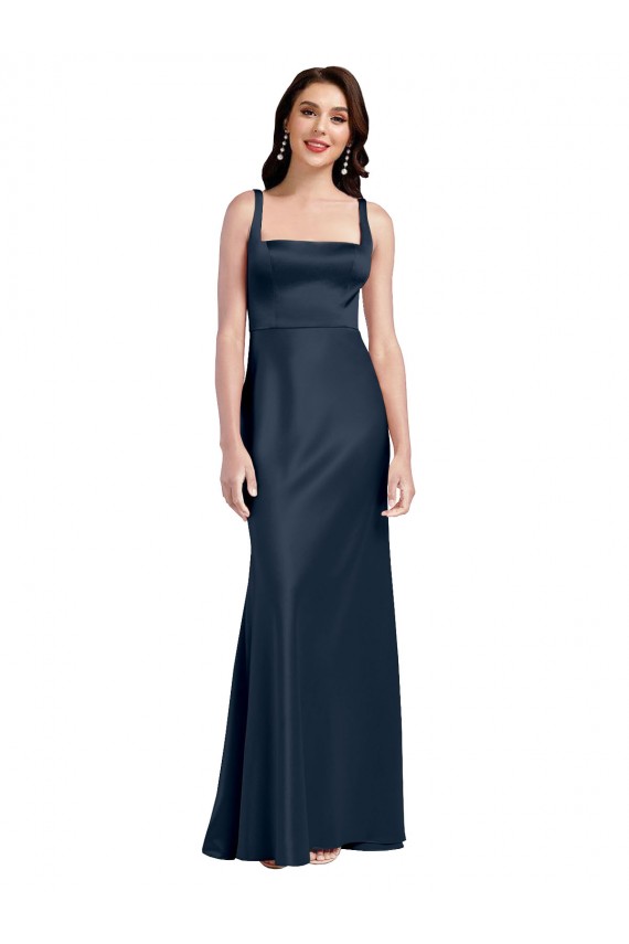 Square Neck Long Stretch Satin Dark Navy Sleeveless Formal Evening Gown / Prom Dress / Bridesmaid Dress Victoria
