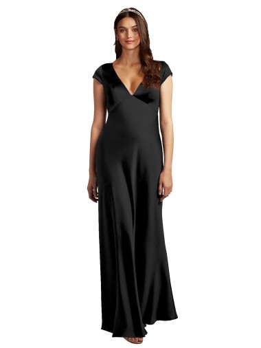 V-Neck Long Stretch Satin Black Cap Sleeves Formal Evening Gown / Prom Dress / Bridesmaid Dress Victoria