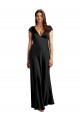 V-Neck Long Stretch Satin Black Cap Sleeves Formal Evening Gown / Prom Dress / Bridesmaid Dress Victoria
