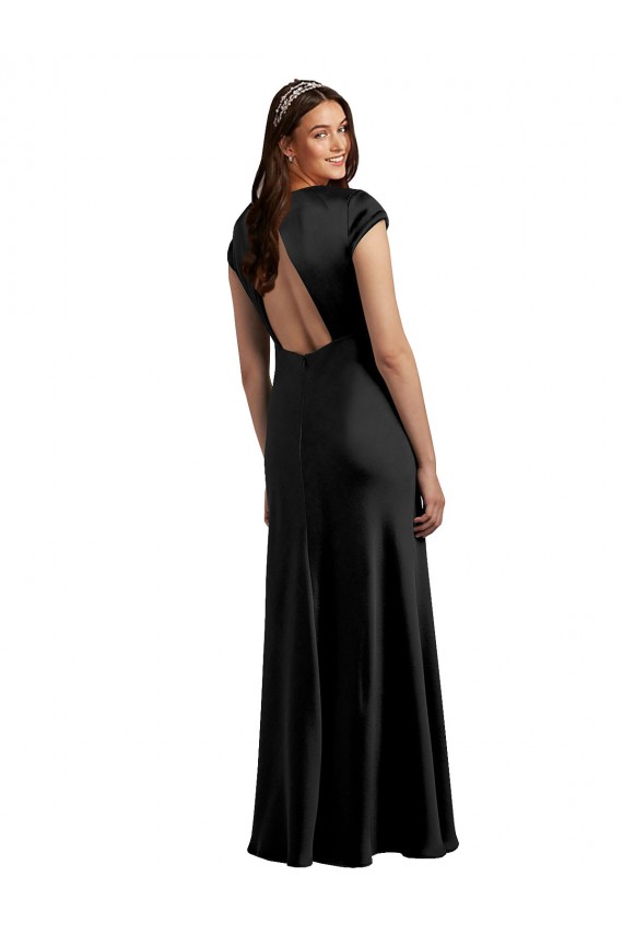 V-Neck Long Stretch Satin Black Cap Sleeves Formal Evening Gown / Prom Dress / Bridesmaid Dress Victoria