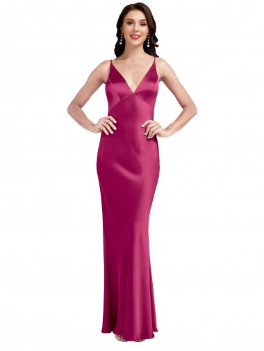 V-Neck Long Stretch Satin Fuchsia Sleeveless Formal Evening Dress / Bridesmaid Dress Victoria