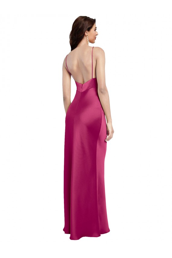 V-Neck Long Stretch Satin Fuchsia Sleeveless Formal Evening Dress / Bridesmaid Dress Victoria