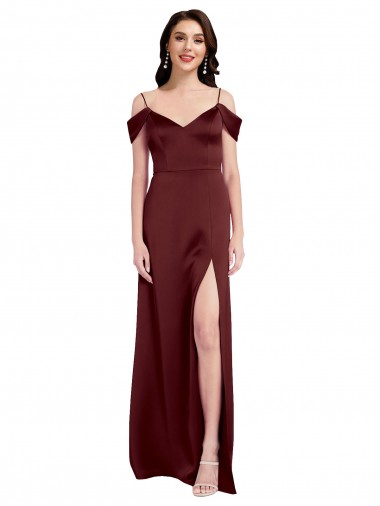 V-Neck Long Stretch Satin Burgundy Gold Sleeveless Formal Dress / Bridesmaid Dress Victoria