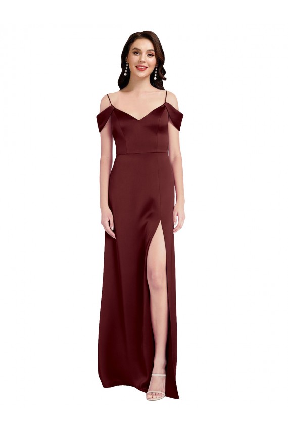 V-Neck Long Stretch Satin Burgundy Gold Sleeveless Formal Dress / Bridesmaid Dress Victoria