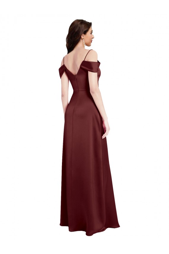 V-Neck Long Stretch Satin Burgundy Gold Sleeveless Formal Dress / Bridesmaid Dress Victoria