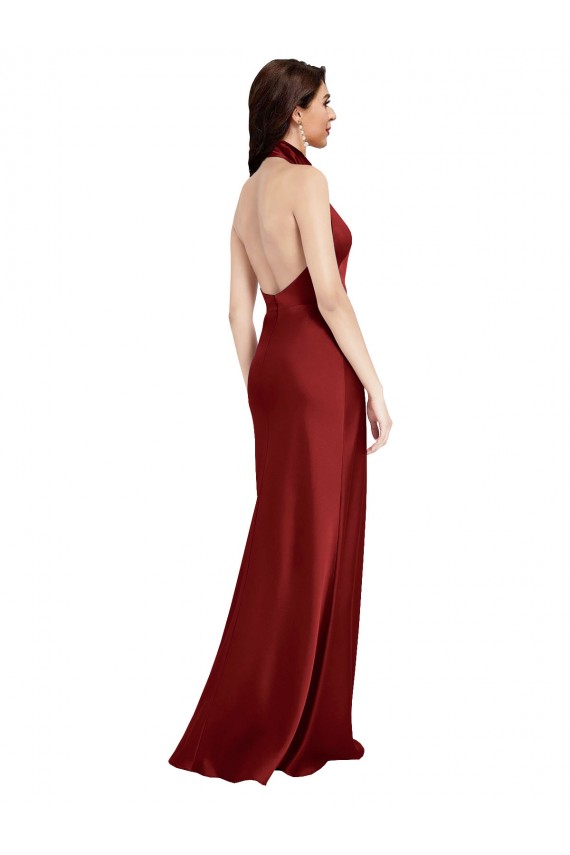 Halter Neck Long Stretch Satin Burgundy Sleeveless Black Tie Evening Gown / Prom Dress / Bridesmaid Dress Victoria