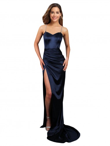 Sweetheart Long Stretch Satin Dark Navy Sleeveless Formal Evening Gown / Prom Dress / Bridesmaid Dress Victoria
