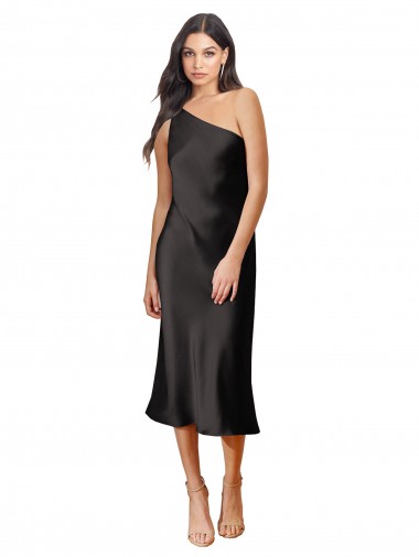 One Shoulder Midi Length Stretch Satin Black Sleeveless Black Tie Evening Dress / Prom Dress / Bridesmaid Dress Victoria