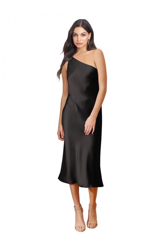 One Shoulder Midi Length Stretch Satin Black Sleeveless Black Tie Evening Dress / Prom Dress / Bridesmaid Dress Victoria