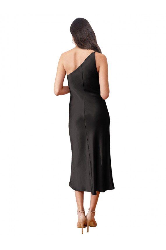 One Shoulder Midi Length Stretch Satin Black Sleeveless Black Tie Evening Dress / Prom Dress / Bridesmaid Dress Victoria