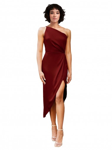 One Shoulder Midi Length Stretch Satin Burgundy Sleeveless Black Tie Evening Gown / Prom Dress / Bridesmaid Dress Victoria