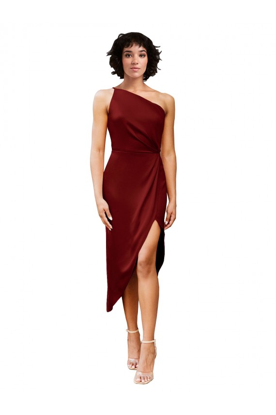One Shoulder Midi Length Stretch Satin Burgundy Sleeveless Black Tie Evening Gown / Prom Dress / Bridesmaid Dress Victoria