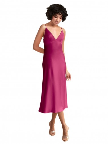 V-Neck Midi Length Stretch Satin Fuchsia Sleeveless Formal Evening Gown / Prom Dress / Bridesmaid Dress Victoria