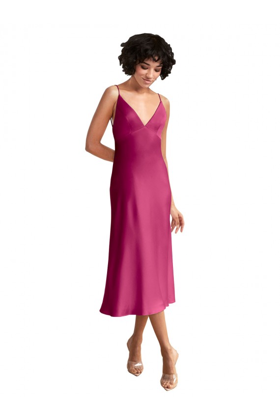 V-Neck Midi Length Stretch Satin Fuchsia Sleeveless Formal Evening Gown / Prom Dress / Bridesmaid Dress Victoria