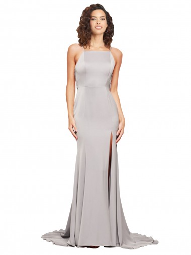 High Neck Sweep Train Stretch Satin Sleeveless Formal Evening Gown / Prom Dress / Bridesmaid Dress Victoria