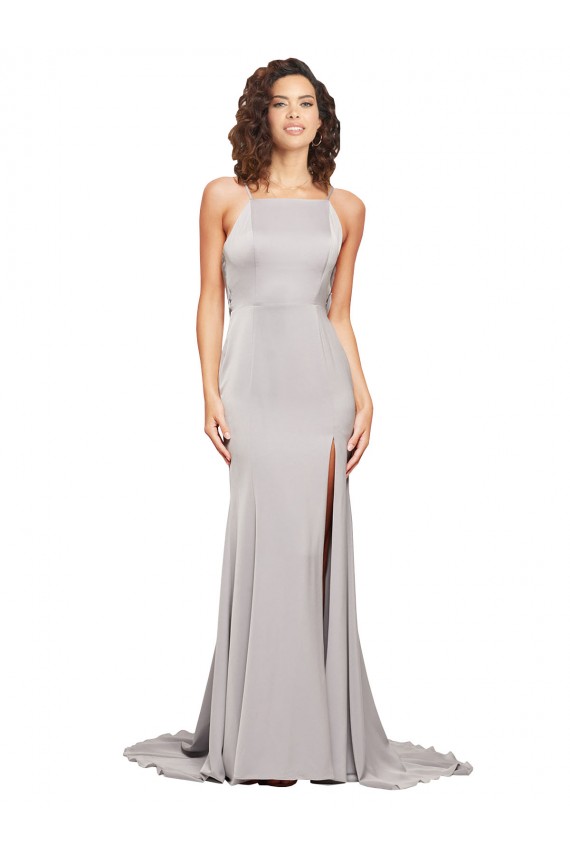 High Neck Sweep Train Stretch Satin Sleeveless Formal Evening Gown / Prom Dress / Bridesmaid Dress Victoria