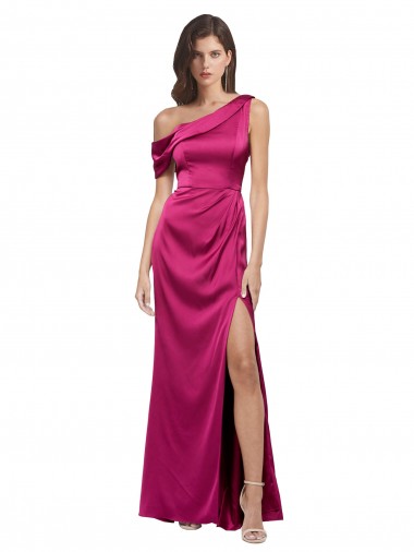 One Shoulder Long Stretch Satin Fuchsia Sleeveless Bridesmaid Dress / Evening Dress Victoria