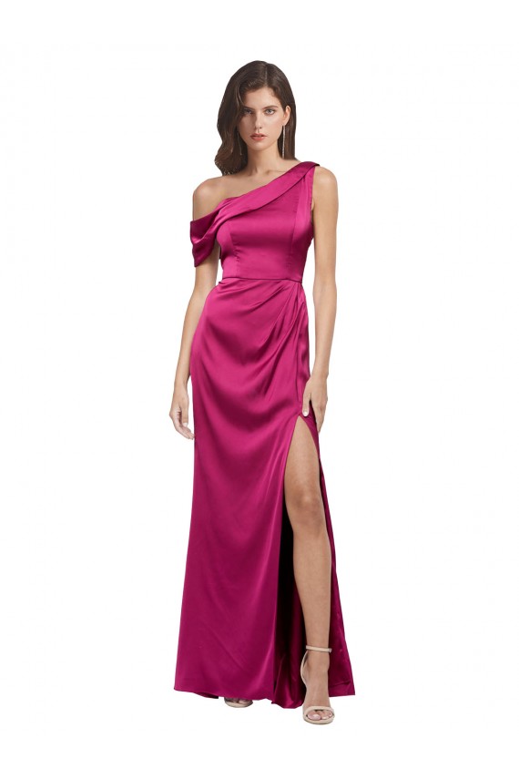 One Shoulder Long Stretch Satin Fuchsia Sleeveless Bridesmaid Dress / Evening Dress Victoria