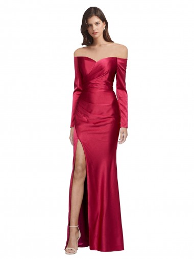 Sweetheart Long Stretch Satin Dark Red Long Sleeves Formal Evening Gown / Prom Dress / Bridesmaid Dress Victoria