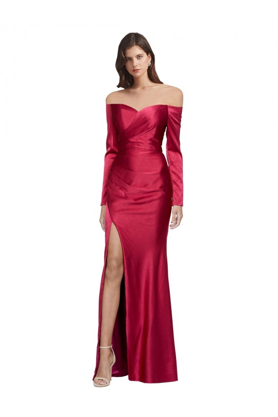 Sweetheart Long Stretch Satin Dark Red Long Sleeves Formal Evening Gown / Prom Dress / Bridesmaid Dress Victoria