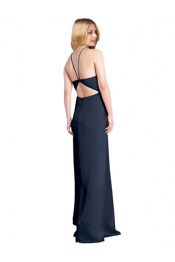Halter Neck Long Stretch Satin Dark Navy Sleeveless Formal Evening Gown / Prom Dress / Bridesmaid Dress Victoria