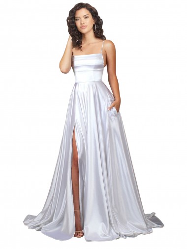 Spaghetti Straps Long Stretch Satin White Sleeveless Beach Wedding Dress Victoria