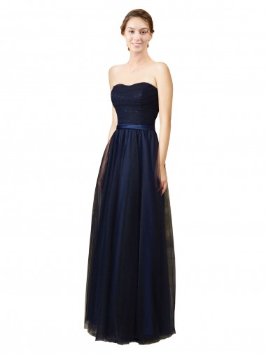 Strapless Long Tulle Dark Navy Sleeveless Bridesmaid Gown Victoria