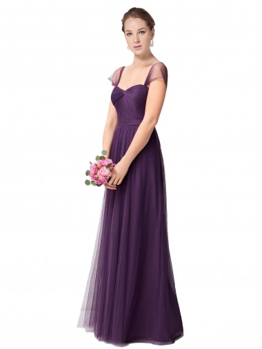 Sweetheart Long Tulle Plum Purple Cap Sleeves Bridesmaid Dress Victoria