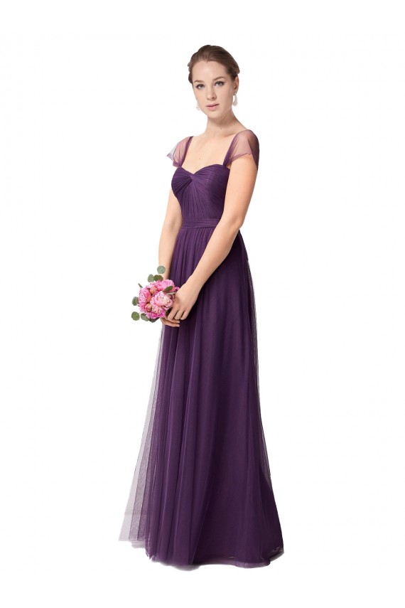 Sweetheart Long Tulle Plum Purple Cap Sleeves Bridesmaid Dress Victoria