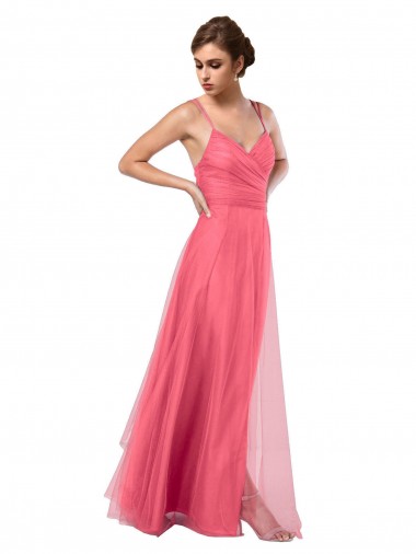Spaghetti Straps Long Tulle Watermelon Sleeveless Bridesmaid Dress Victoria