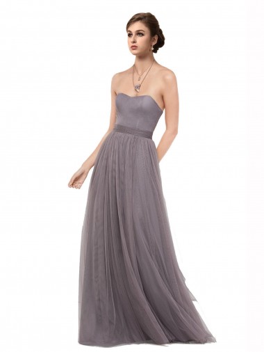 Spaghetti Straps Long Tulle Pewter Sleeveless Bridesmaid Dress Victoria