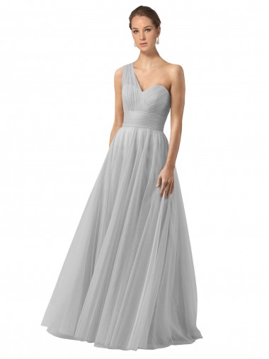 One Shoulder Long Tulle Silver Sleeveless Bridesmaid Gown Victoria