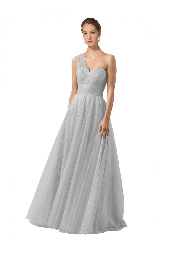 One Shoulder Long Tulle Silver Sleeveless Bridesmaid Gown Victoria