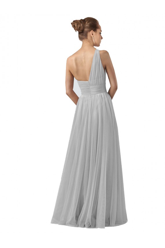 One Shoulder Long Tulle Silver Sleeveless Bridesmaid Gown Victoria