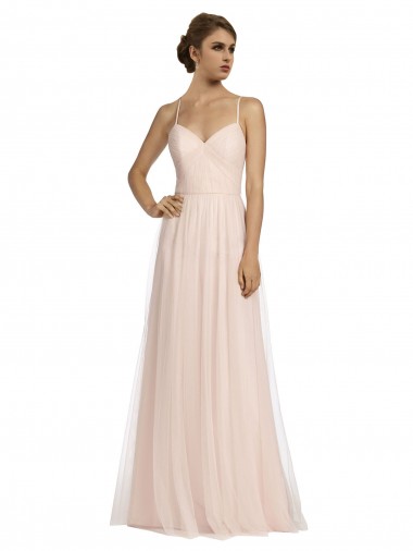 Spaghetti Straps Long Tulle Pink Sleeveless Bridesmaid Dress Victoria