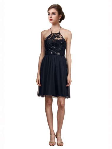 Halter Neck Knee Length Tulle Black Sleeveless Bridesmaid Gown Victoria