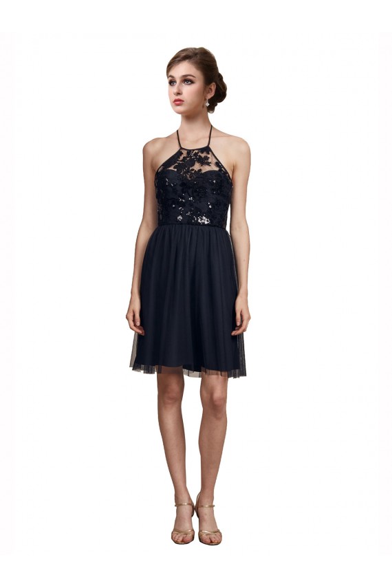 Halter Neck Knee Length Tulle Black Sleeveless Bridesmaid Gown Victoria