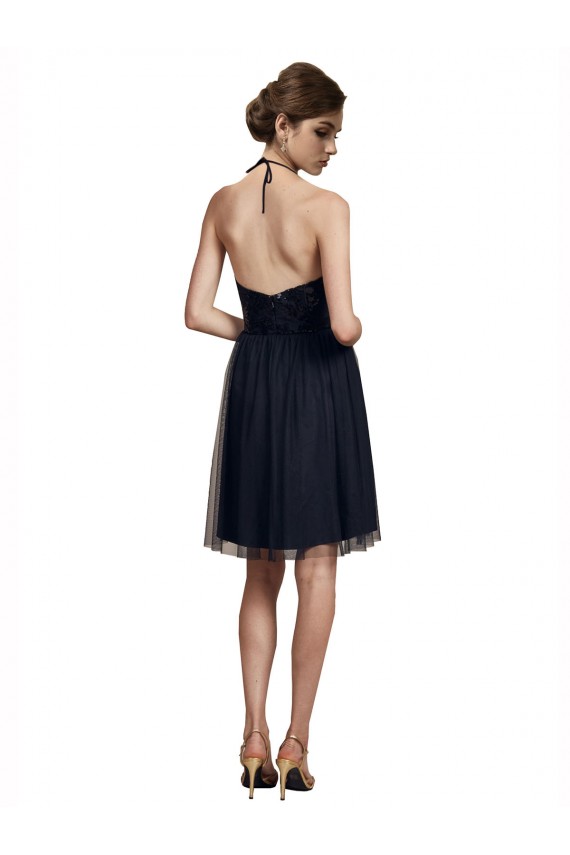 Halter Neck Knee Length Tulle Black Sleeveless Bridesmaid Gown Victoria