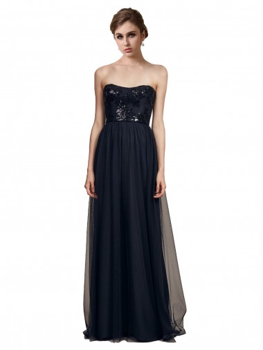 Strapless Long Tulle Black Sleeveless Bridesmaid Gown Victoria