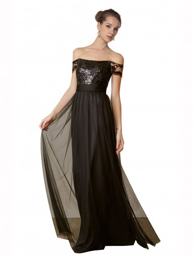 Off the Shoulder Long Tulle & Sequin Black Sleeveless Bridesmaid Dress Victoria