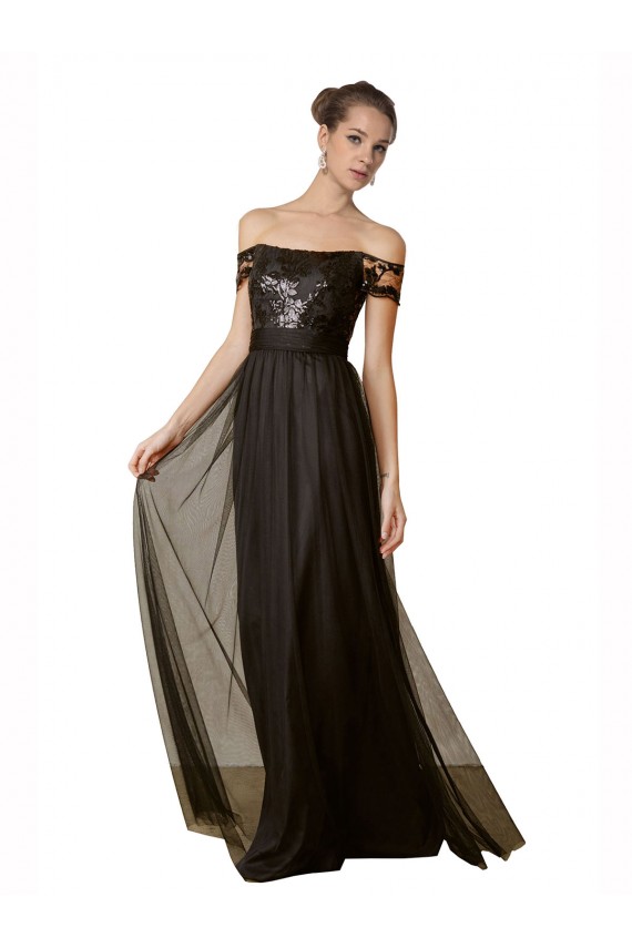 Off the Shoulder Long Tulle & Sequin Black Sleeveless Bridesmaid Dress Victoria