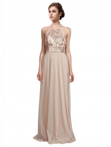 Halter Neck Long Tulle Nude Sleeveless Bridesmaid Dress Victoria