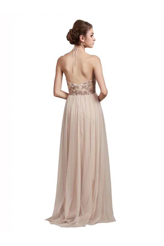Halter Neck Long Tulle Nude Sleeveless Bridesmaid Dress Victoria