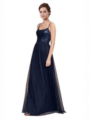 Spaghetti Straps Long Tulle & Lace Dark Navy Sleeveless Bridesmaid Dress Victoria
